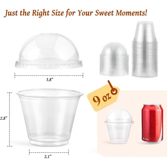 50 Sets 9 oz Clear Dessert Cups with Dome Lids No Hole for Parfait Fruit Cake - Picture 2 of 7